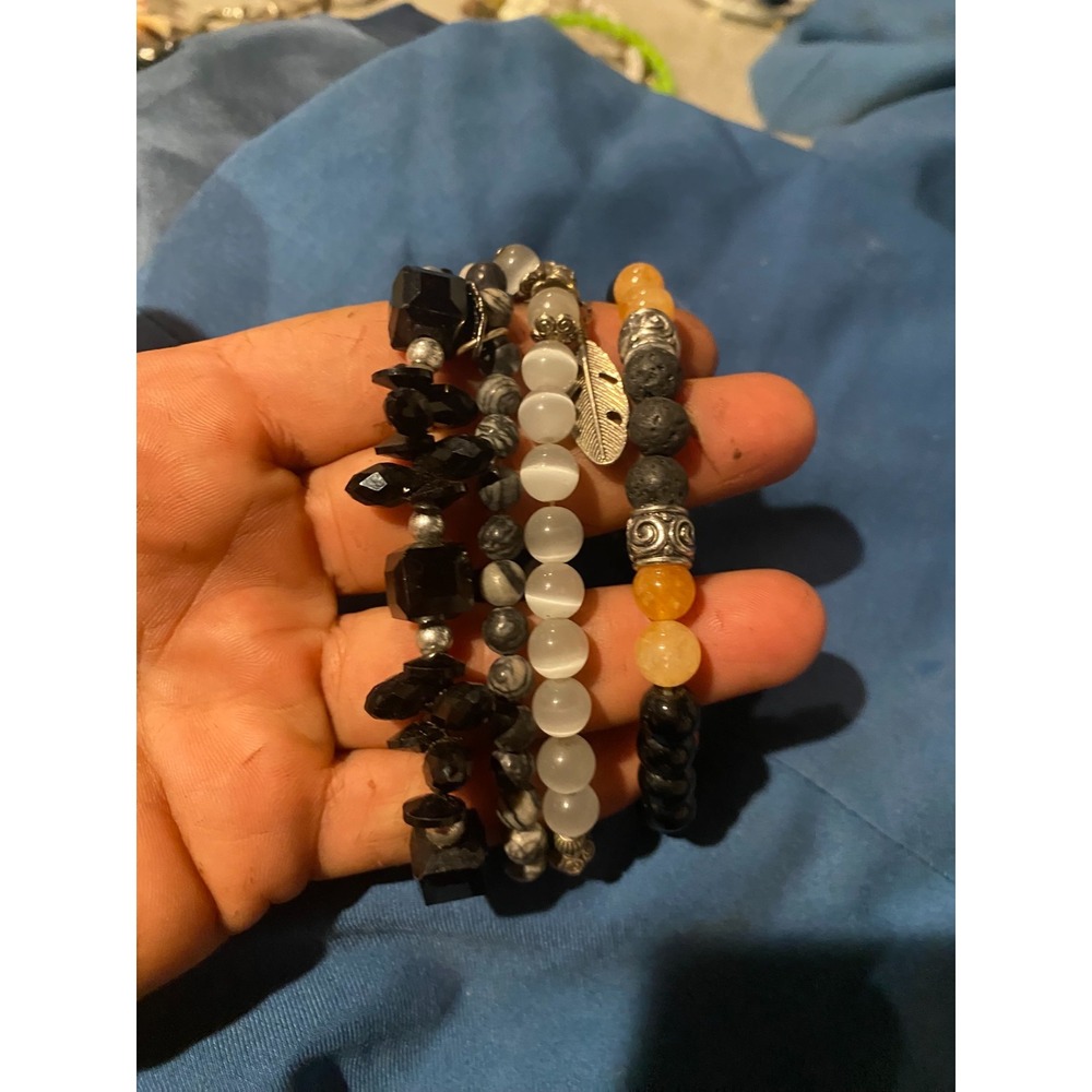 4 Natural Stone Black White Stretch Bracelets Moonstone Onyx Beaded Set